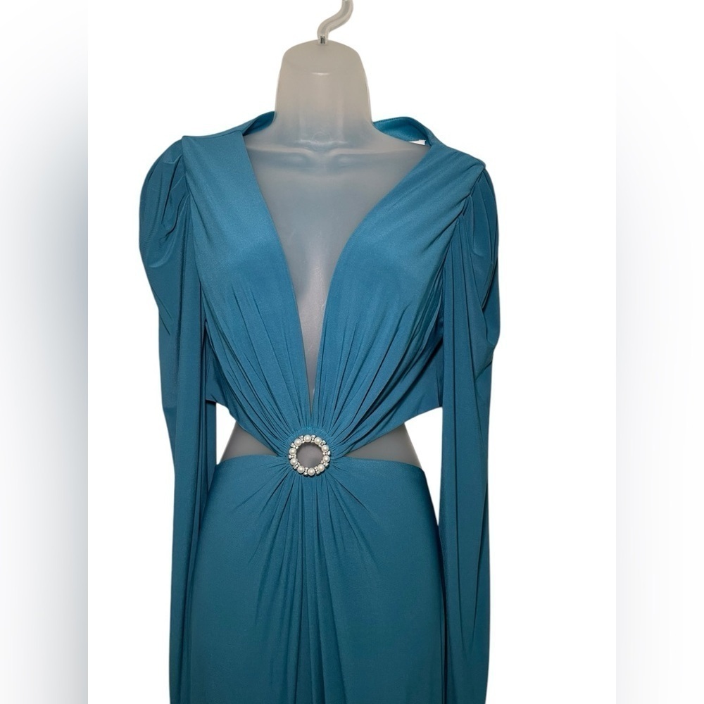 Mac Duggal 26727 Turquoise Cutout Gown Long Sleeve Pearl Size 8 - Picture 6 of 7